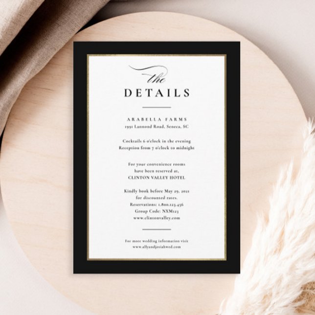 Elegante Details zu Schwarz und Gold Hochzeiten Begleitkarte (Elegant black and white wedding invitation details enclosure cards.)