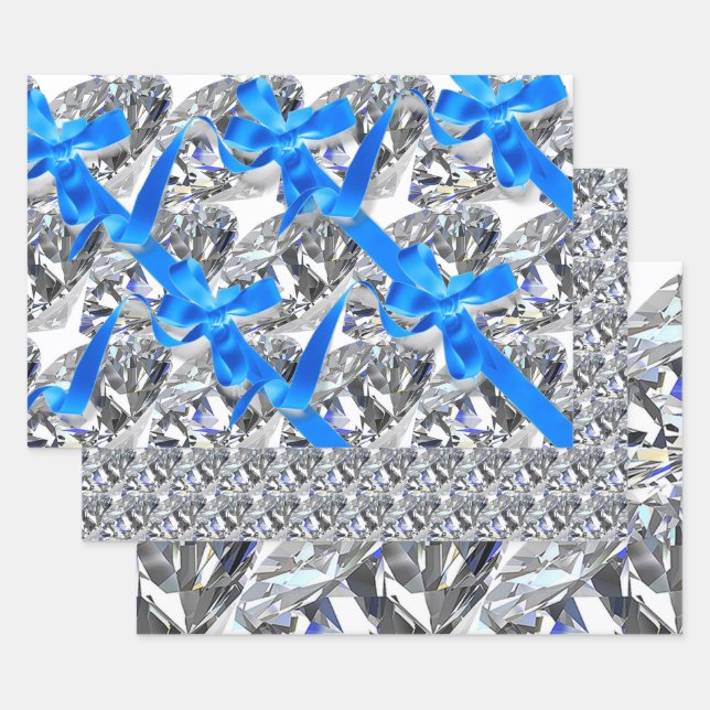 Elegante Diamanten und blaue Bogen Geschenkpapier Set (Set)