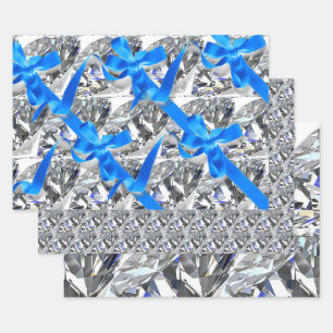 Elegante Diamanten und blaue Bogen Geschenkpapier Set