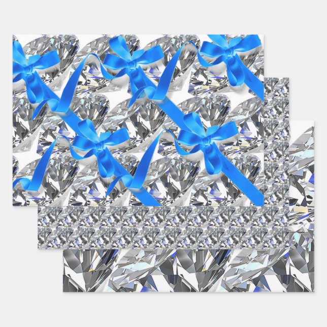 Elegante Diamanten und blaue Bogen Geschenkpapier Set (Set)