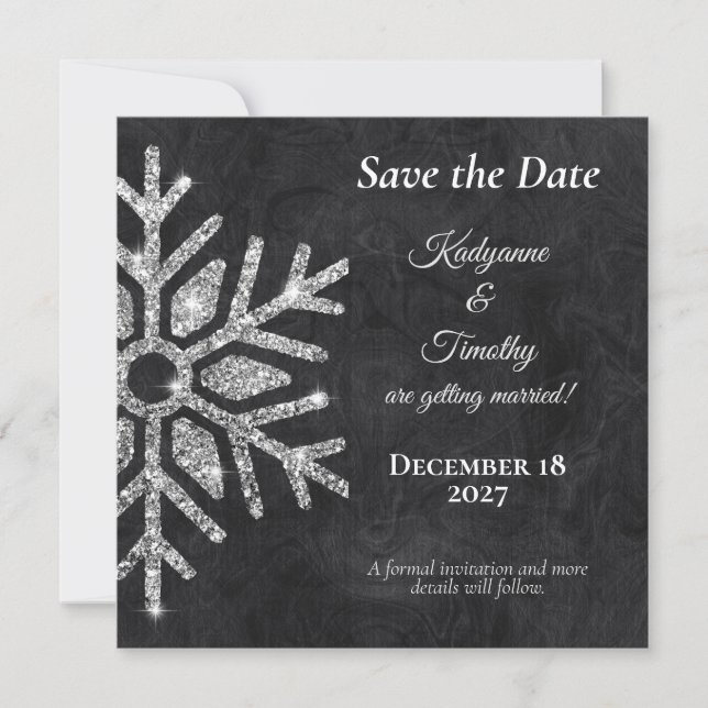 Elegante Diamond-Schneeflocken auf der Schwarzen H Save The Date (Vorderseite)