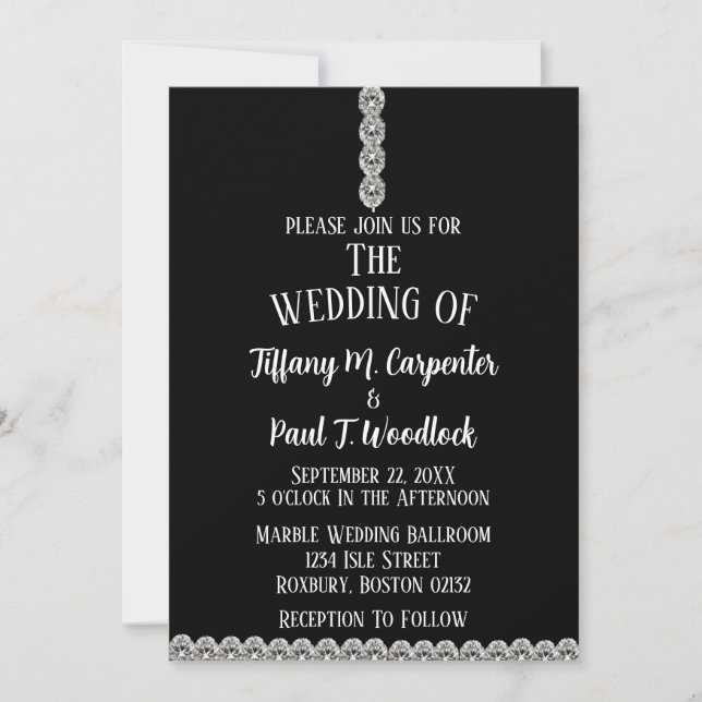 Elegante Diamond String Black & White Wedding Einladung (Vorderseite)