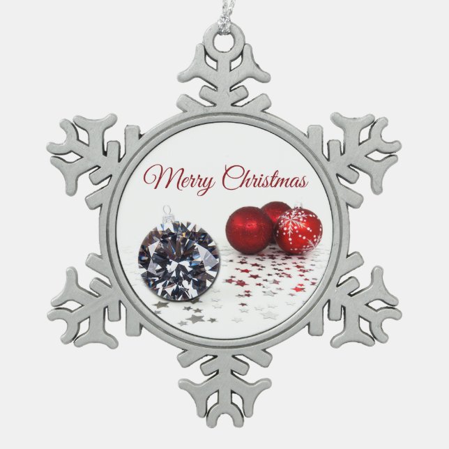 Elegante Diamond und Rote Weihnachtsschmuck Schneeflocken Zinn-Ornament (Vorderseite)