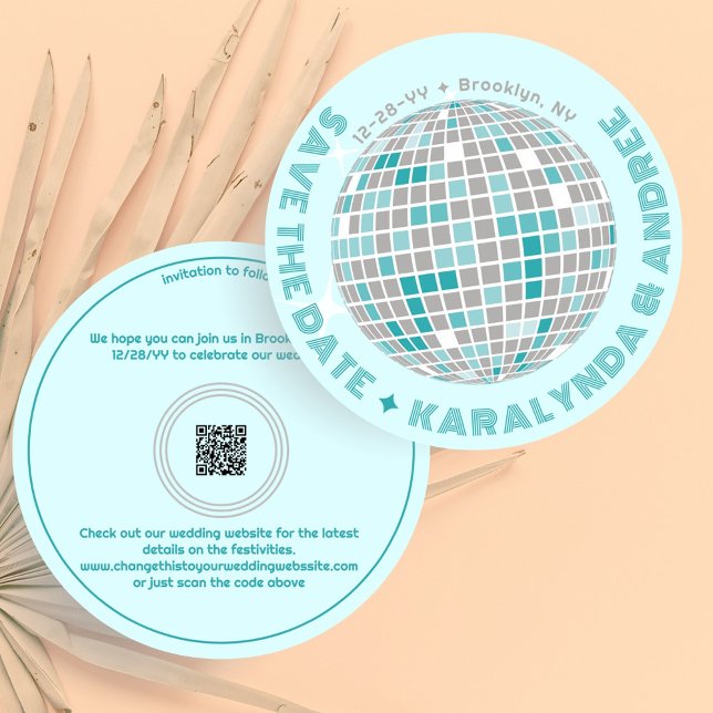 Elegante Disco Ball Aquamarin Save The Date (Elegant disco ball round Save the Date in light teal with QR code)