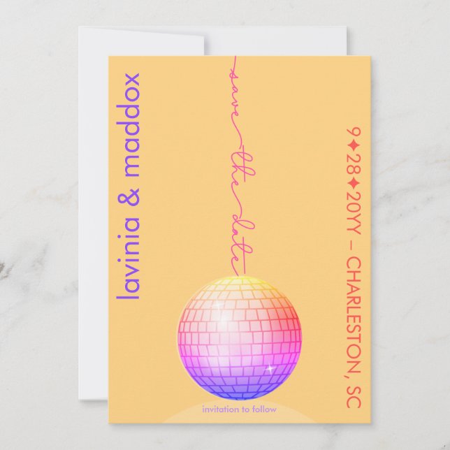 Elegante Disco Ball Orange und Hot Pink Wedding Save The Date (Vorderseite)