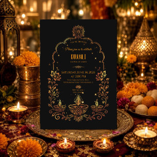 Elegante Diyas Schwarz und Gold Diwali Einladung