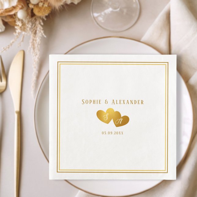 Elegante Doppelte Herz-Initialen Hochzeit Serviette (Elegant Double Heart Initials Wedding Paper Dinner Napkins)