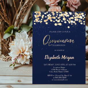 Elegante Dots, Confetti Navy Blue Quinceañera Einladung