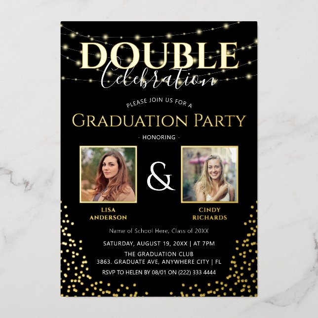Elegante Double Celebration Graduation Party Gold Folieneinladung (Vorderseite)