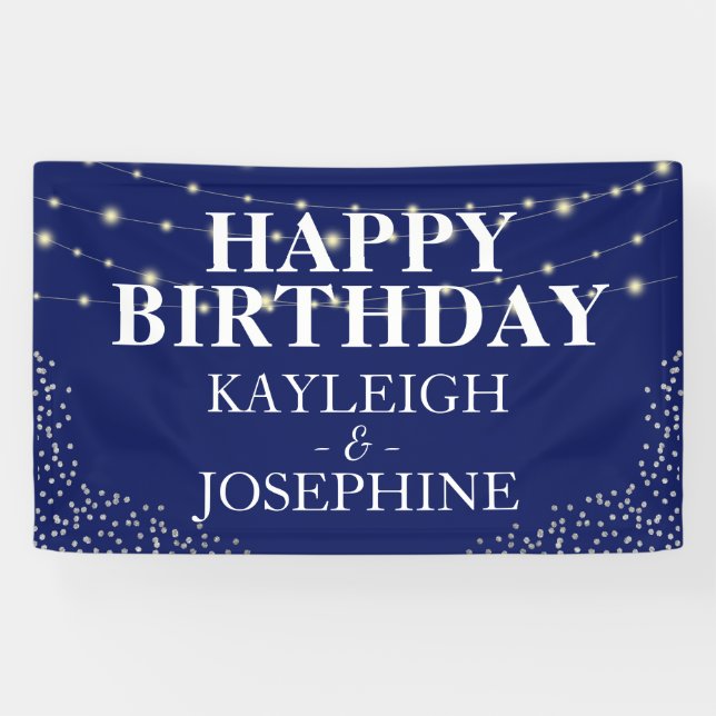 Elegante Double Celebration Navy Geburtstagsparty Banner (Horizontal)