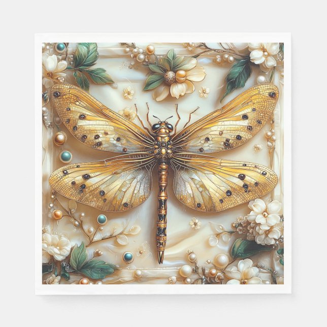 Elegante Dragonfly Blume Gold Metallische Perlen Serviette (Vorderseite)