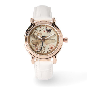 Elegante Dragonfly Schmetterlinge Rosa Blume Armbanduhr