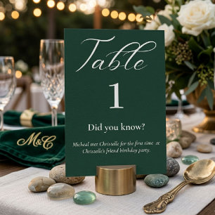 Elegante Drehbuch smaragdgrüne Fun Fakten Hochzeit Tischnummer