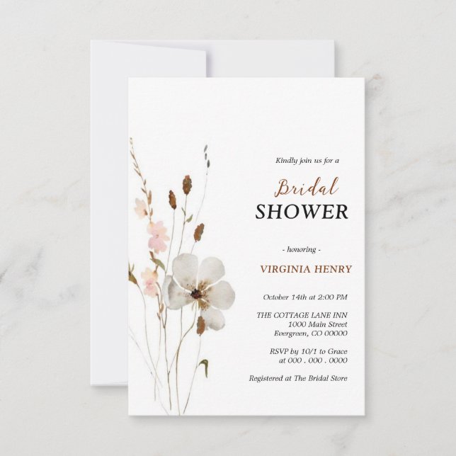 Elegante ducha de novias con flores de Boho Einladung (Vorderseite)