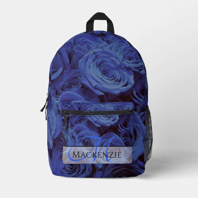 Elegante dunkelblaue Rose blauen Blumen Bedruckter Rucksack (Vorderseite)