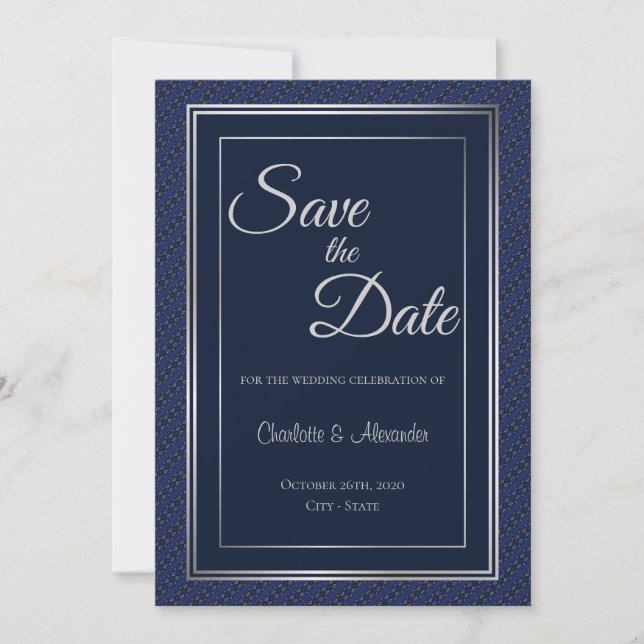 Elegante dunkelblaue Silberne Grenzhochzeit Rettet Save The Date (Vorderseite)