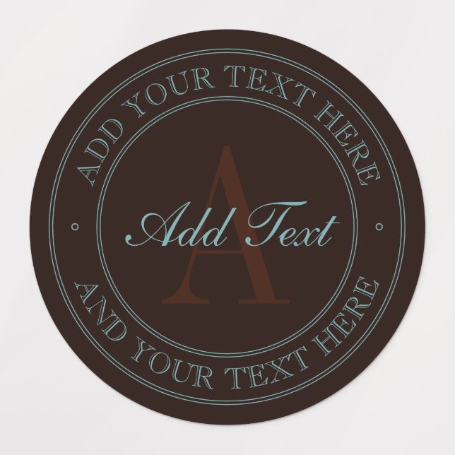 Elegante dunkelbraune und Aquamarine Monogrammadre Etiketten (Design 1)