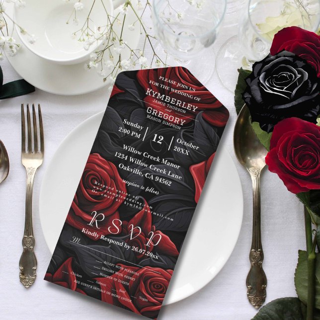 Elegante dunkelgotische Rose der Blüte auf schwarz All In One Einladung (Von Creator hochgeladen)