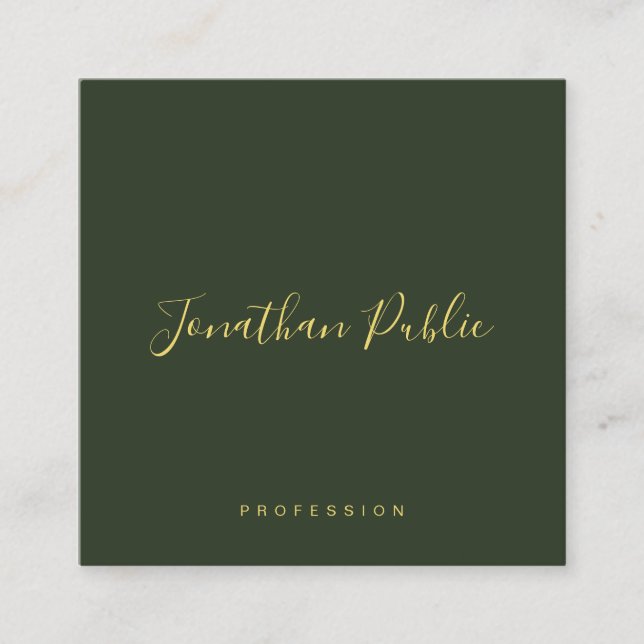 Elegante Dunkelgrün Gold Text Kalligrafie Glänzend Quadratische Visitenkarte (Vorderseite)