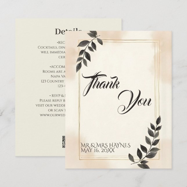Elegante dunkelgrüne Blatt Hochzeit Dankeskarten (Vorne/Hinten)
