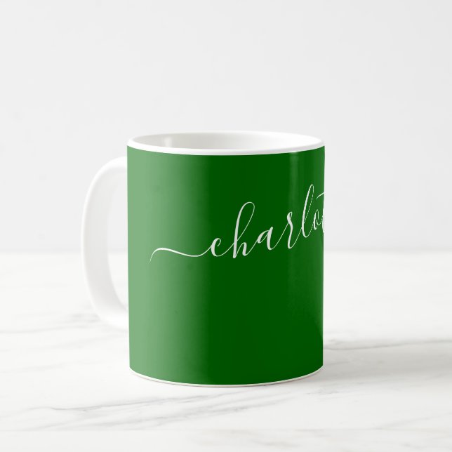 Elegante dunkelgrüne Farbe moderner Name Personali Kaffeetasse (Vorderseite Links)
