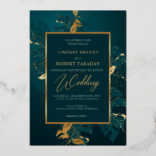 Elegante dunkelgrüne und echte Goldfolien-Hochzeit Folieneinladung