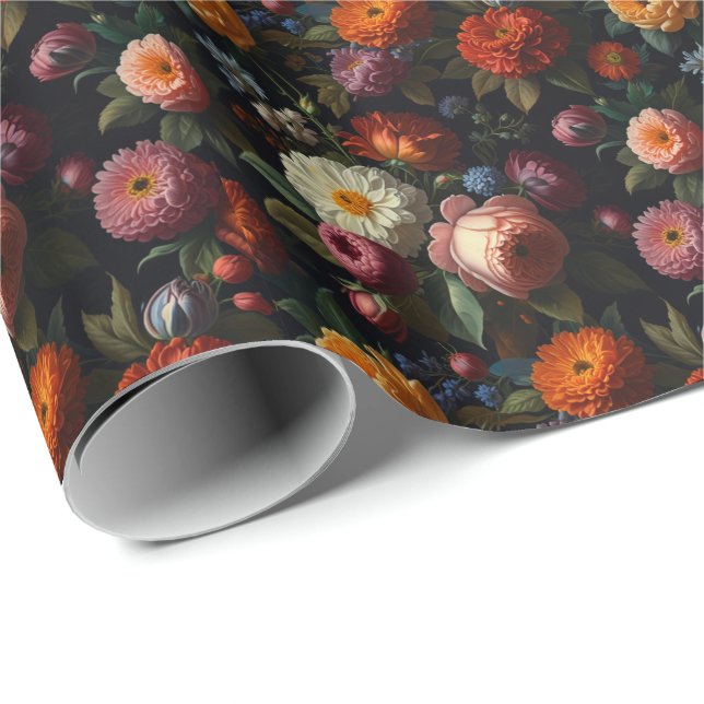 Elegante, dunkelmoody Vintage Flora Geschenkpapier (Rolleneckpunkt)