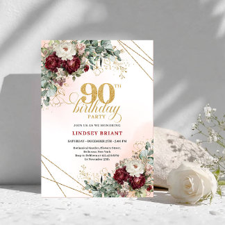 Elegante dunkelrote Blumen Gold 90. Geburtstag Einladung