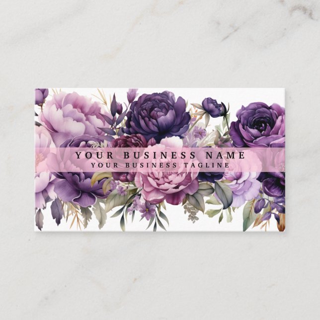 Elegante, dunkelviolette Blumen Business Cards Visitenkarte (Vorderseite)