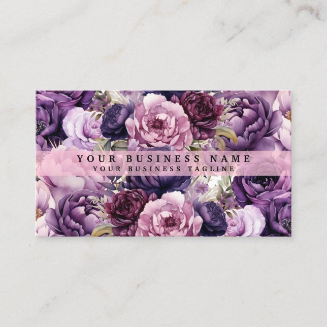 Elegante, dunkelviolette Blumen Business Cards Visitenkarte (Vorderseite)