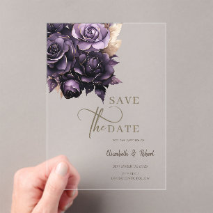 Elegante dunkelviolette Rosen Save The Date Acryleinladungen