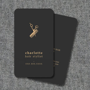 Elegante dunkle falsche Gold-Schere-Kamm-Friseur Visitenkarte