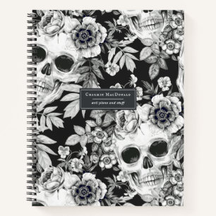 Elegante dunkle florale Totenköpfe auf schwarzem p Notizbuch