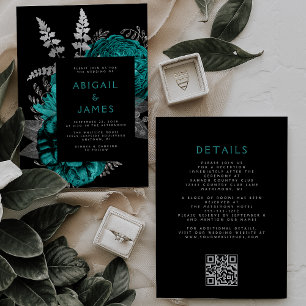 Elegante dunkle florale Türkis-Silber-QR-Code-Hoch Einladung