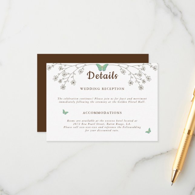 Elegante dunkle Goldschmetterlingsdetails Begleitkarte (Vorderseite/Rückseite Beispiel)