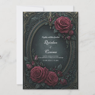 Elegante Dunkle Gothic Burgunderrote Oval Hochzeit Einladung