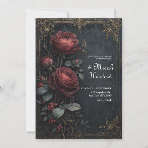 Elegante Dunkle Gotische Burgunderrote Rosen Hochz Einladung
