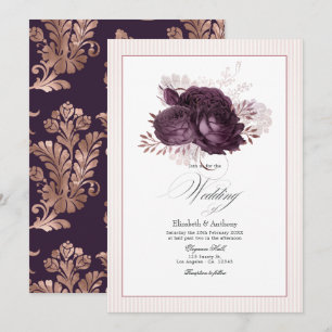 Elegante Dunkle Lila und Rose Goldflorale Hochzeit Einladung