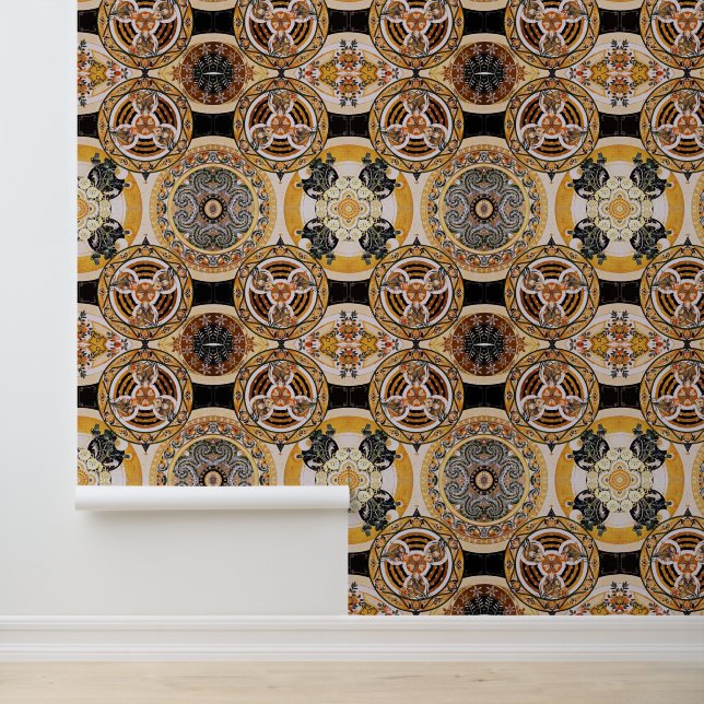 Elegante Dunkle Rich Art Nouveau Brown Beige Circl Tapete (Anwendung)