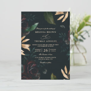 Elegante dunkle Samt-Burgunderrose QR-Code-Hochzei Einladung