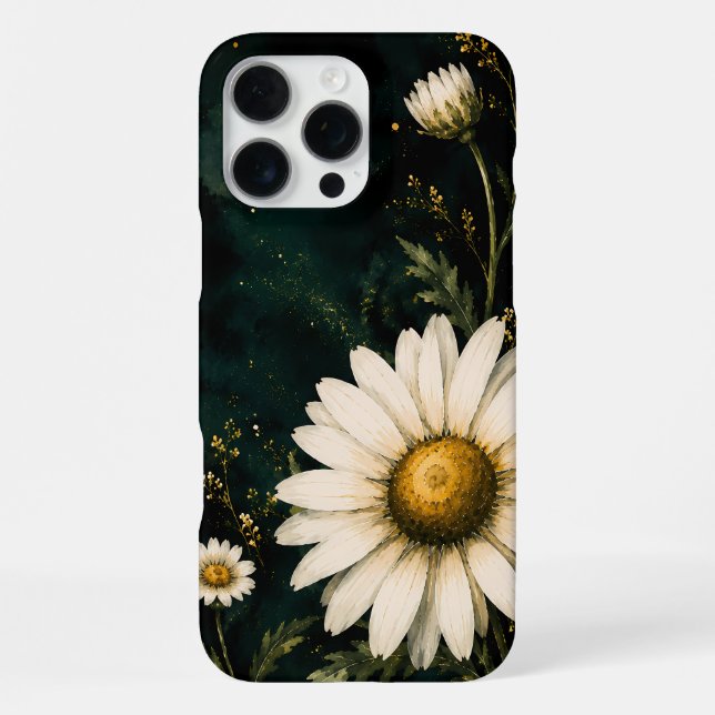 Elegante Dunkle Smaragd-Daisy-Blumenmuster Gold iPhone Hülle (Rückseite)