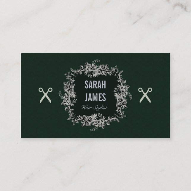 elegante dunkle Smaragdhaar-Stylist-Scherescheren Visitenkarte (Vorderseite)