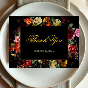 Elegante dunkle stimmungsvolle Blumenhochzeit Dankeskarte