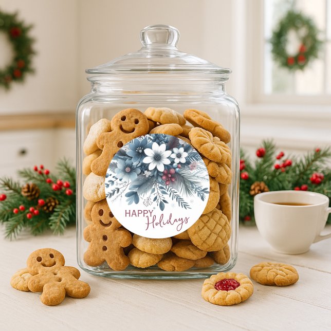 Elegante dunkle Teal-Blau-Rote Florale Weihnachtsk Runder Aufkleber (Von Creator hochgeladen)