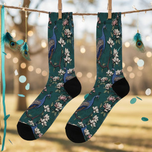 Elegante dunkle Türkis-Pfauen und Magnolienblüten Socken