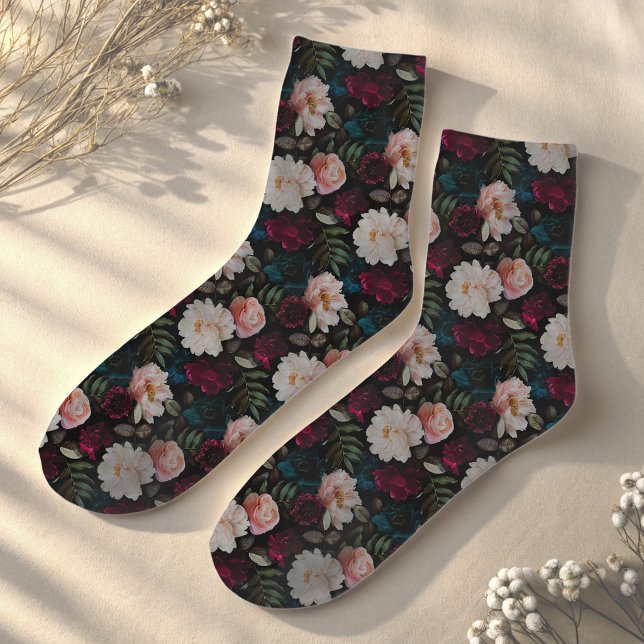Elegante dunkle Türkis-Rot-Blüten Socken (Von Creator hochgeladen)