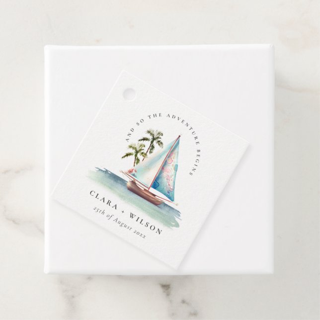Elegante Dusky Aquamarin Sailboat Palm Seascape We Geschenkanhänger (Beispiel)