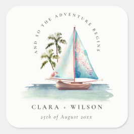 Elegante Dusky Aquamarin Sailboat Palm Seascape We Quadratischer Aufkleber