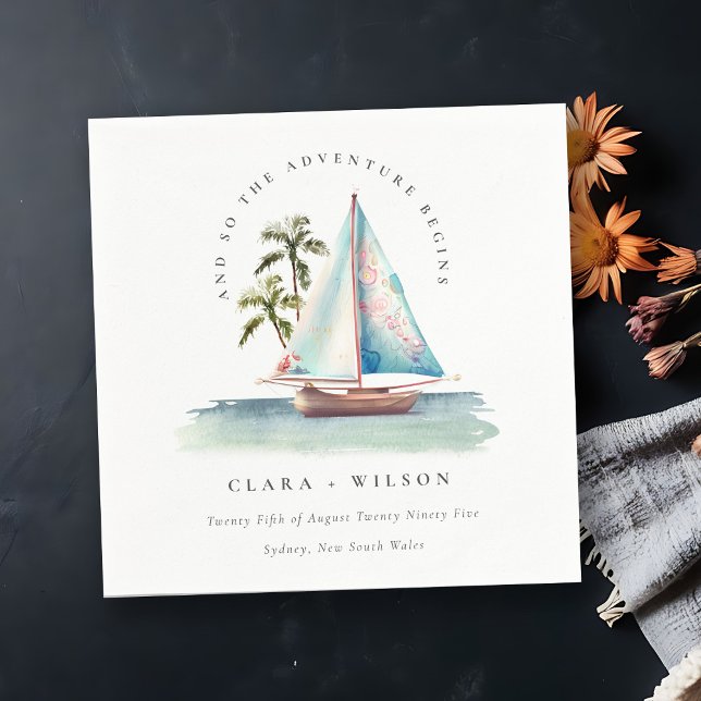 Elegante Dusky Aquamarin Sailboat Palm Seascape We Serviette (Von Creator hochgeladen)