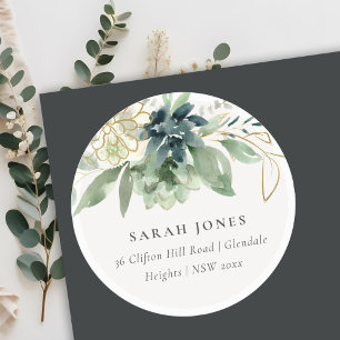 Elegante dusky Blue Green Succulent Foliage-Adress Runder Aufkleber